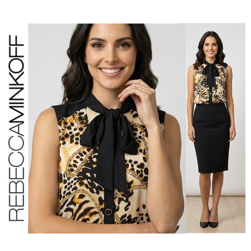 Rebecca Minkoff Black and Gold Animal Print Sleeveless Bow Blouse